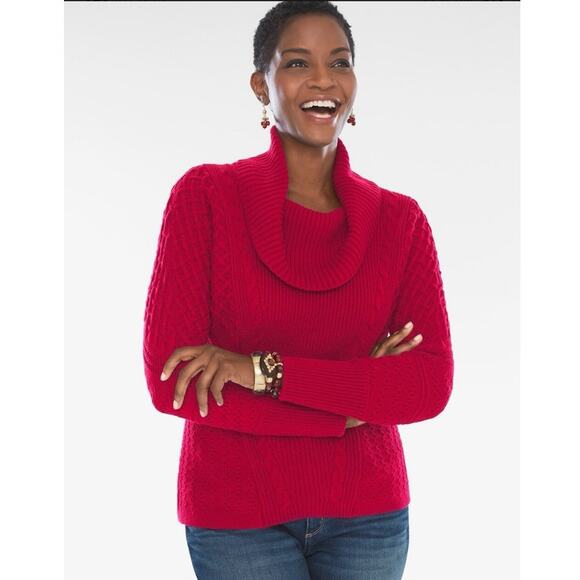 Chico's Sweater Plus Size 2X Red Cable Knit Cowl Neck Preppy Academia Twee - Picture 1 of 7